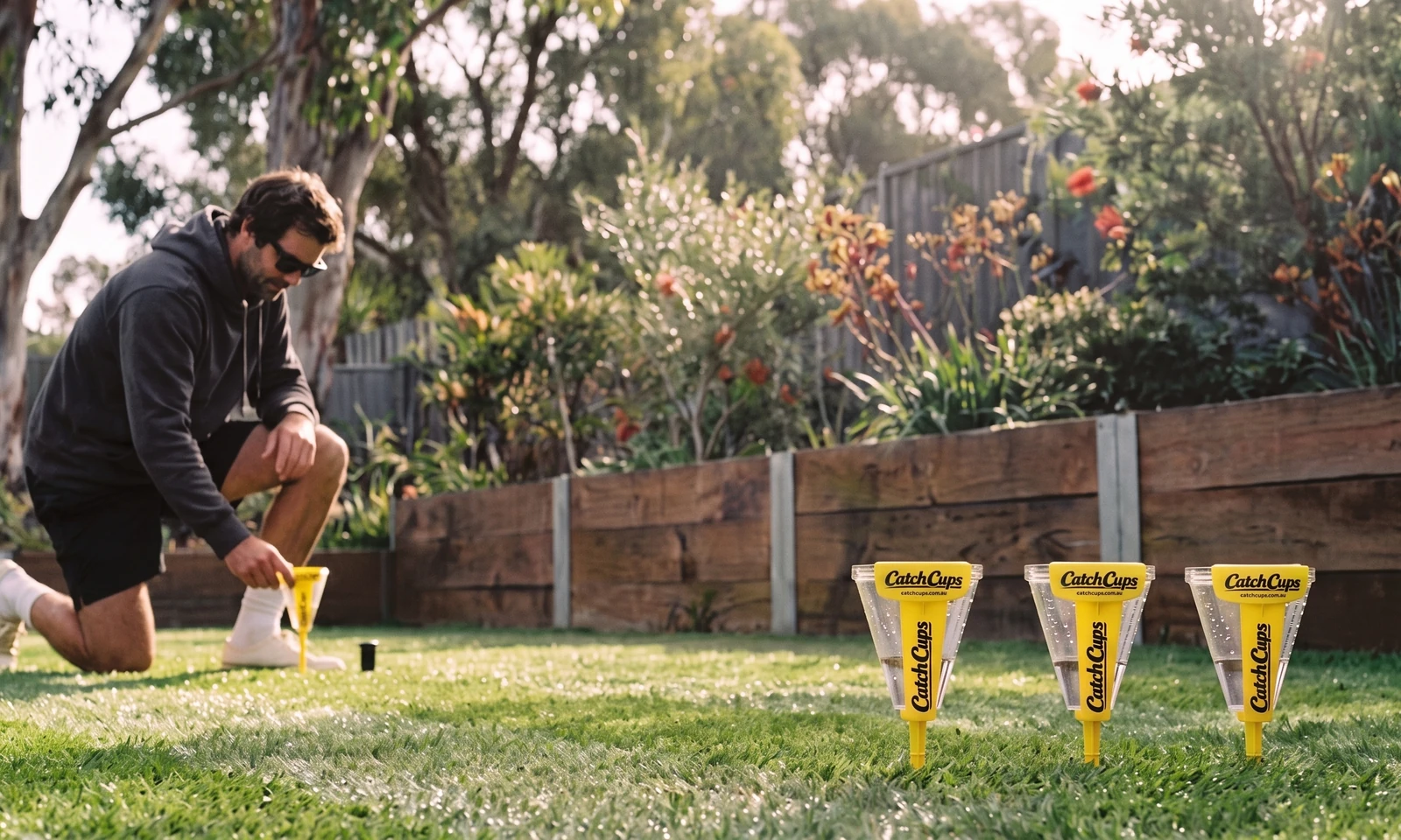 A man in a dark hoodie kneeling on a lawn, pushing a Catch Cup into the grass beside a pop-up sprinkler head, three more Catch Cups standing to the right and a timber retaining wall and garden behind.