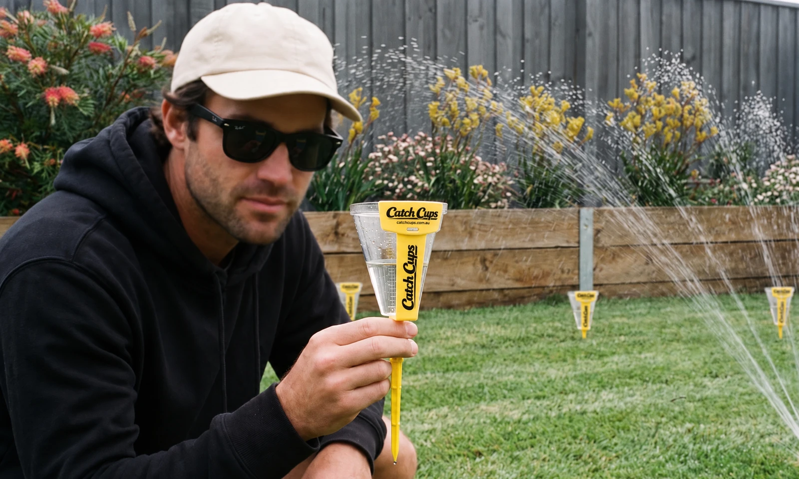 A man in a cap and sunglasses holding a Catch Cup up at eye level to read the water in it, sprinklers spraying behind him and more Catch Cups in the lawn.