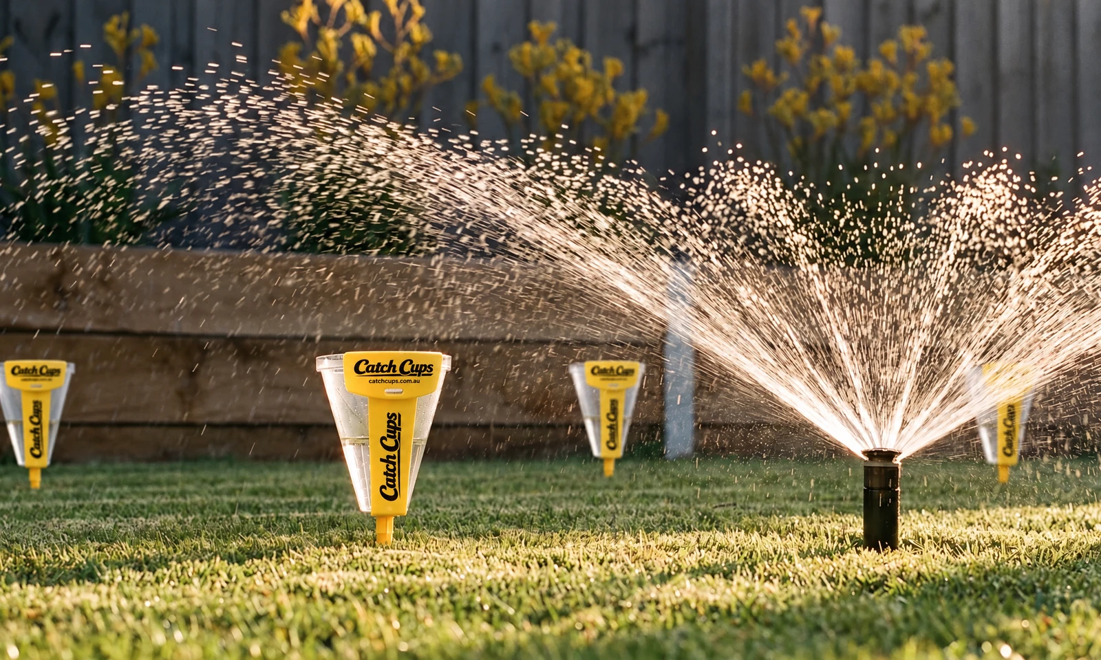 A pop-up sprinkler spraying across a lawn in low golden light, Catch Cups standing in the spray with the nearest one large in the foreground and a timber wall behind.