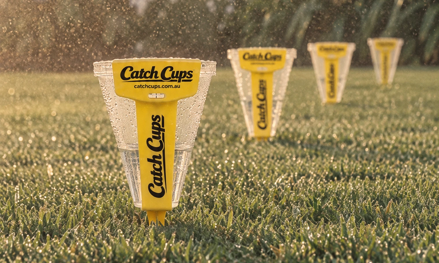 A Catch Cup standing in a dewy lawn in golden light, sprinkler droplets in the air and three more Catch Cups in a line behind it, with flowering hydrangeas beyond.