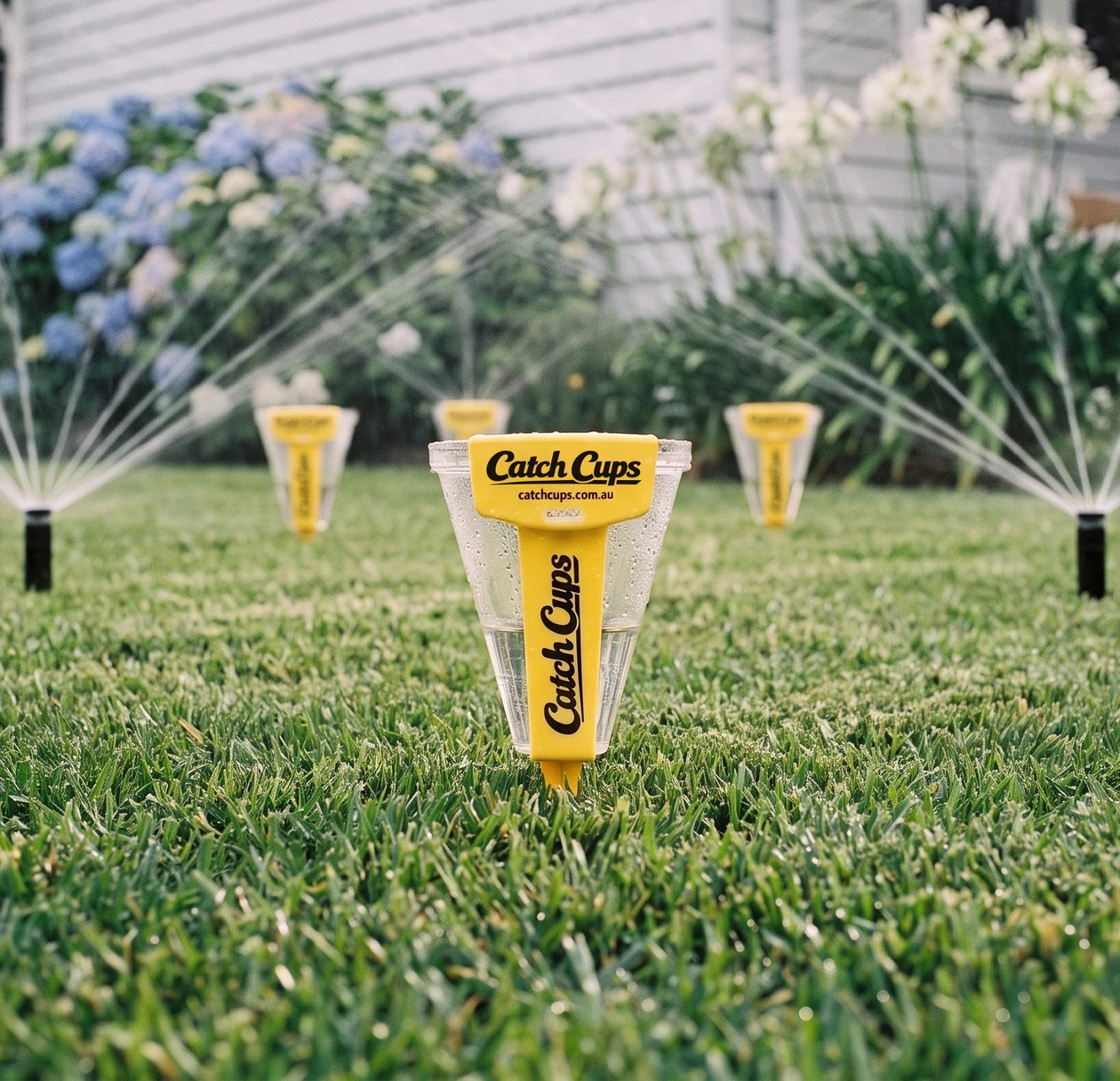 A Catch Cup standing in a green lawn in front of a weatherboard house, pop-up sprinklers spraying either side and three more Catch Cups behind.