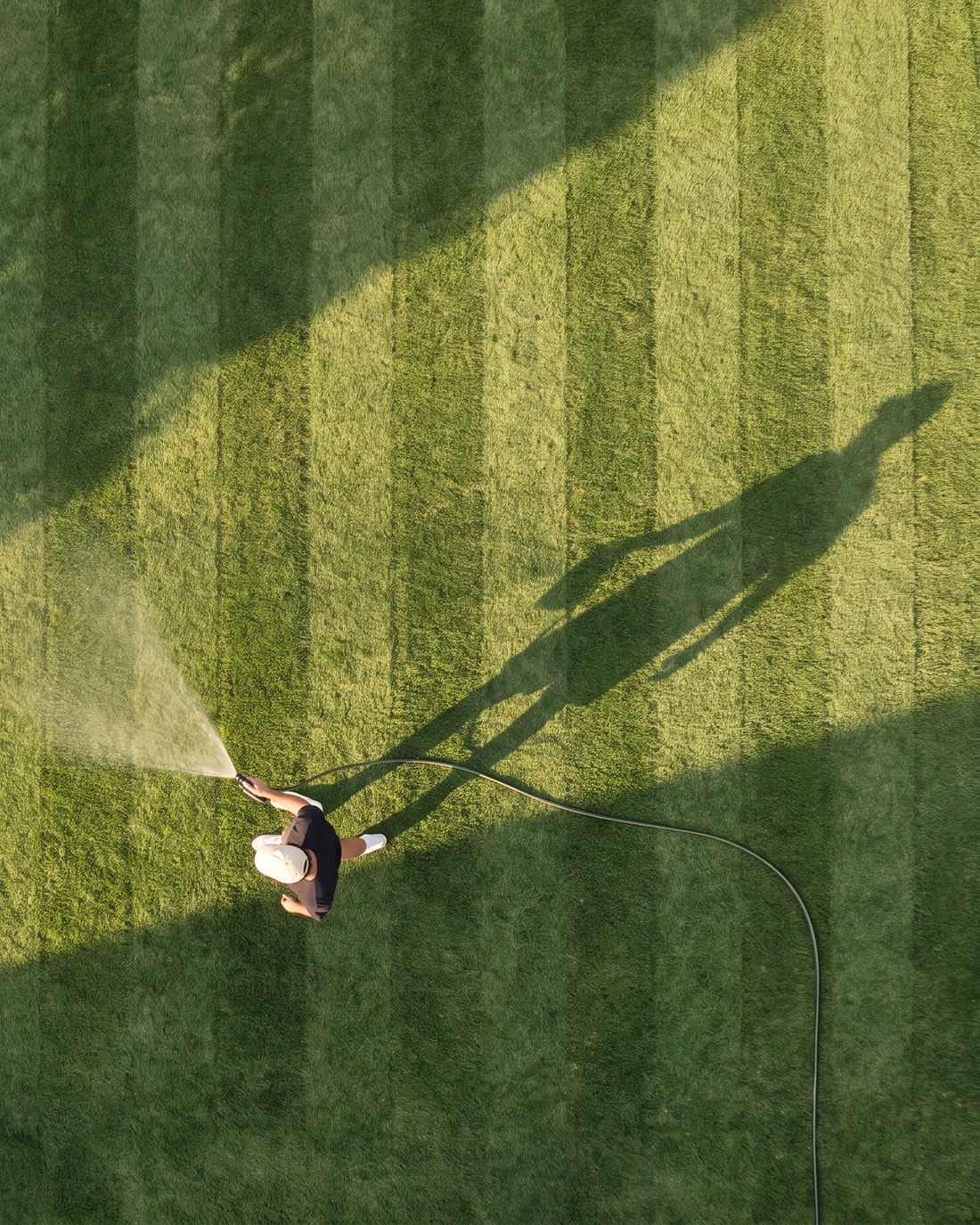 Looking straight down from a drone on a striped green lawn in low sun, a man in a white cap spraying it from his garden hose, his long shadow stretching across the stripes.