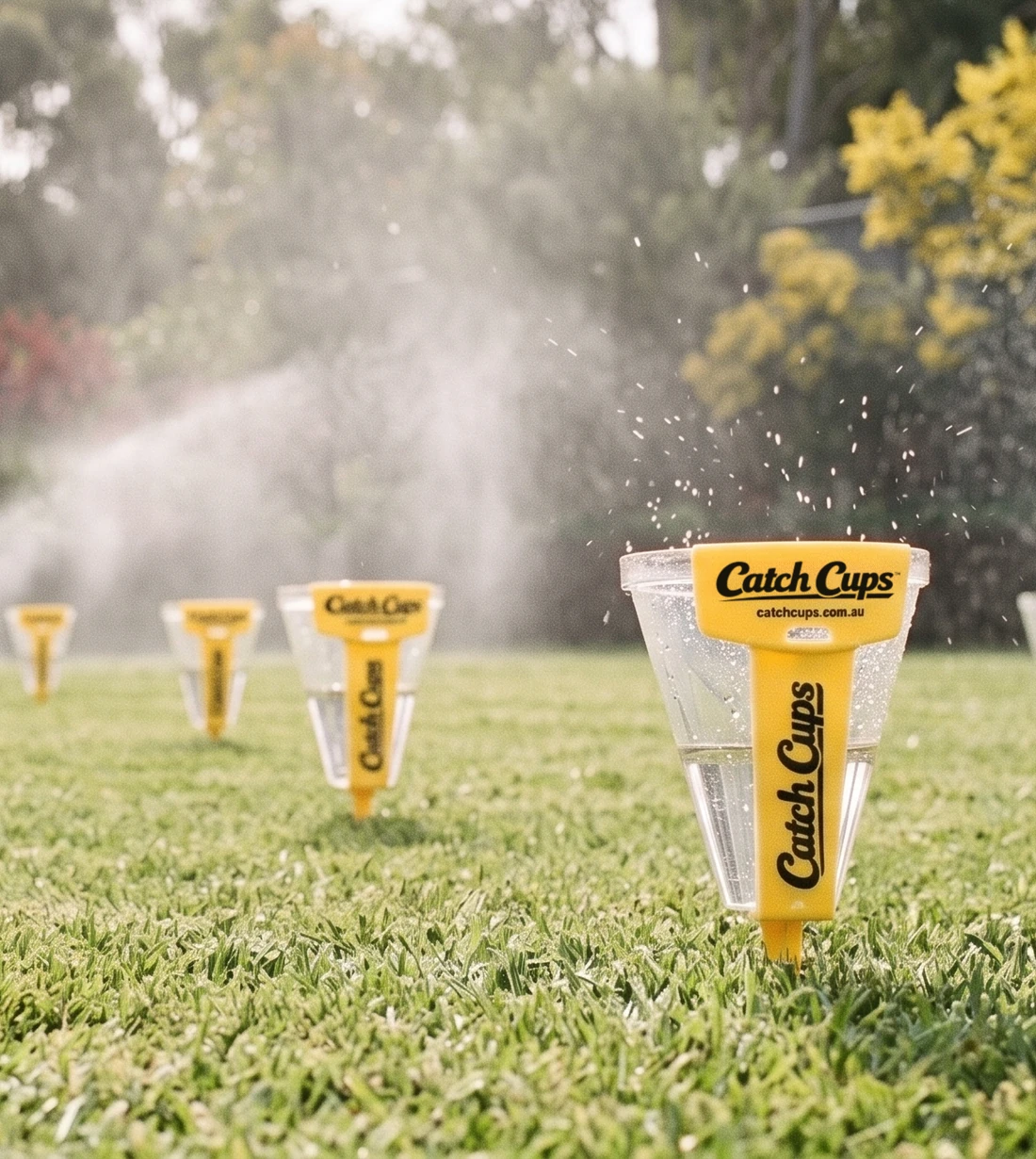 A large Catch Cup standing in a green lawn, pop-up sprinklers misting behind it and smaller Catch Cups across the lawn.