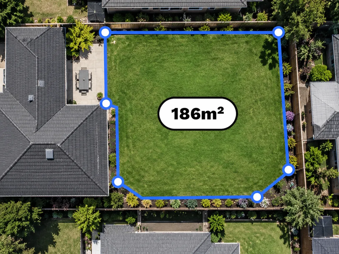 Illustration of the measure tool: a backyard beside a house, seen from above, with the lawn traced in blue, a dot at each corner and its size, 186m², in the middle.
